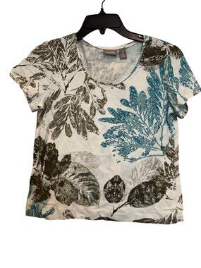 Chicos Womens Floral T-Shirt Size 0 White/Teal/Brown 95% Cotton 5% Spandex Short